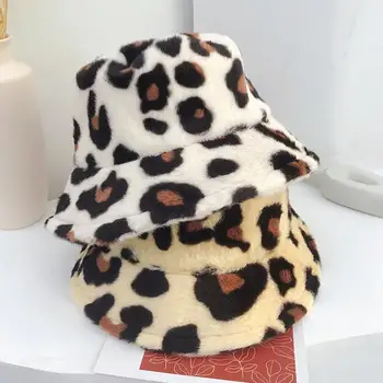 Mados Žiemos Leopard Dirbtiniais Kailiais Kibirą, Skrybėlės Moterims Mergina Karvė Spausdinti Pliušinis Aksomo Šiltas Panama Juoda Balta Žvejys Skrybėlės Bžūp
