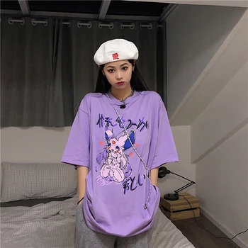 Mielas marškinėliai Moterims Japonų Animacinių filmų Stiliaus Mielas Lapės, Triušio Grafinis Viršūnes trumpomis Rankovėmis Apvalios Kaklo Laisvi marškinėliai