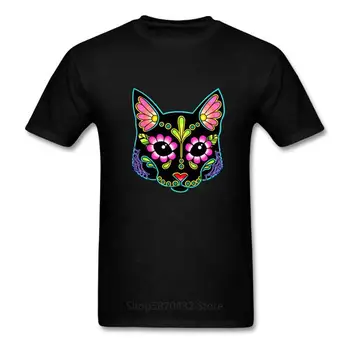 Mirusiųjų dienos Cukraus Kaukolės Kitty Marškinėliai Hip-Hop Vyrų T-Shirt Miesto Prekės ženklo Streetwear Vyrų Stilingas Katė Juoda Medvilnės Marškinėlius Naujas