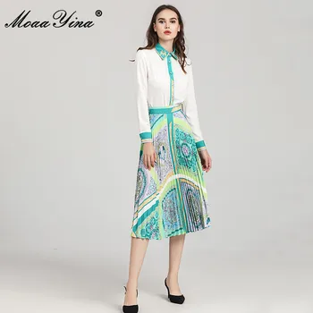 MoaaYina Mados Nustatyti Pavasarį Moterų ilgomis rankovėmis Palaidinės, Topai+Baroko Spausdinti Klostuotas sijonas Elegantiškas Dviejų dalių komplektas