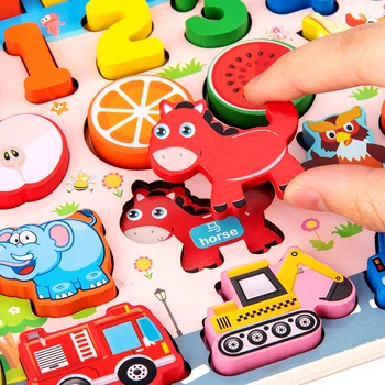 Montessori Mediniai Švietimo Žaislai, Vaisių Skaitmeninis Eismo Gyvūnų Skaičius Atitikimo Puzzle Ikimokyklinio Užimtas Valdybos Žaislas Vaikams 1-3 Metų