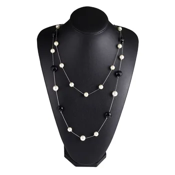 Moteris Klasikinis dvigubas Megztinis grandinės balta imituojamas pearl su baltu auksu black crystal ilgi karoliai lady papuošalai