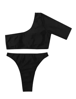 Moteriški naktiniai drabužiai vientisos Spalvos Bikini maudymosi Kostiumėliai, Maudymosi Kostiumai Vienos Pečių Iškirpti Kamšalu Pasėlių Viršuje su Aukšto Liemens Kelnės Apačioje
