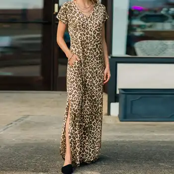 Moterys Vasarą Bohemijos Maxi Suknelė 2021 Celmia Seksualus V-kaklo trumpomis Rankovėmis Ilgai Sundress Atsitiktinis Kišenės Padalinta Leopardas Spausdinti Vestidos