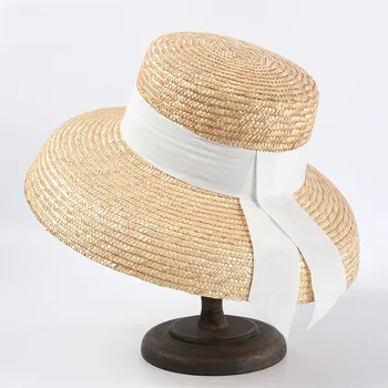 Moterys Vasarą Didelis Floppy Skrybėlę Kviečių Šiaudų Skrybėlę su Balta Nėrinių Juostelės Kaklaraištis Plačią Kraštų 10CM Saulės Skrybėlę UV Apsauga Paplūdimio Kepurė