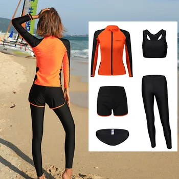 Moterų 5vnt Rashguards Plaukti Naršyti Joga Veikia Bėgiojimas Kostiumas Zip Iki Marškinėliai Antblauzdžiai Bikini nustatyti maudymosi kostiumėlį Tracksuit Activewear