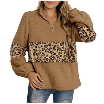 Moterų Atsitiktinis Kratinys Leopardas Spausdinti ilgomis Rankovėmis Pliušinis Užtrauktukas Megztinis Žiemos mados V-kaklo ponios šiltas megztinis (puloveris)