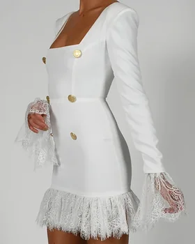 Moterų Baltas Tvarstis Suknelė 2021 M. Pavasarį Seksualus Naują Kvadratinių Kaklo, ilgomis Rankovėmis Mini Suknelė Plonas ir Plonų Dvigubo Breasted Kutas Vestidos