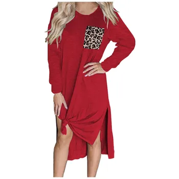 Moterų ilgas rankovėmis leopard kišenėje kratinys sijonas Moterų suknelė kobieta sukienka suknelės moterims 2020 m.