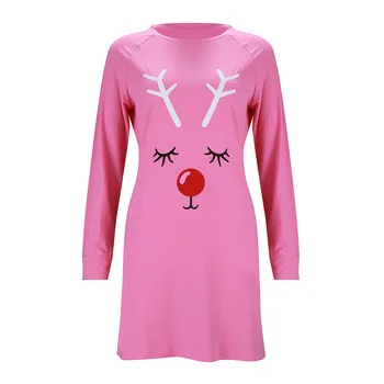 Moterų Kalėdų Švenčių Laisvalaikio T-Shirt, Suknelė, Apvalios Apykaklės Briedžių Ilgomis Rankovėmis Tiesiai Trumpą Mini Suknelės