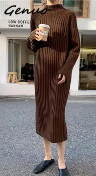 Moterų Žiemos Ilgas Megztinis Suknelė Golfo Visą Rankovėmis Tiesiai Elegantiškas Megztas Vestidos Streetwear Bodycon Skraiste Traukti Femme