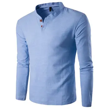 Naujausias atvykimo kietas cv-kaklo Mens Vyrų Drabužių Tendencija Slim Fit Long Sleeve T-shirt Lino Atsitiktinis Viršūnių pavasario rudens Viršuje Tees