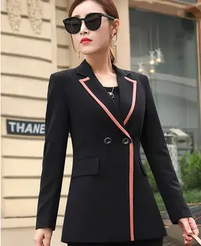 Naujausias Kontrasto spalvų biuro moteriški švarkai, paltai 2019 m. pavasario rudens mados ilgomis rankovėmis elegantiški paltai moterims topai gx1068