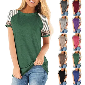 Naujų Karšto Pardavimo Vasaros Moterų Marškinėliai Mados O-Kaklo Dryžuotas Leopard Kratinys Trumpomis Rankovėmis T-Shirt Moterims, Didesnis, Marškinėliai, Topai