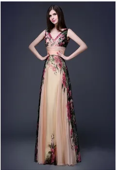 Naujų mergaičių kokybės dizaino ilgas spausdinimo suknelės moterų mados vasaros atostogų klubo gėlių suknelės lady V kaklo elegantiškas XL L #L317