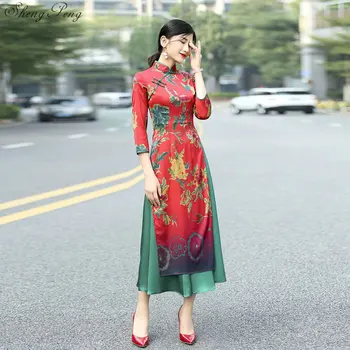 Naujų septynių ketvirčių rankovės moterų atlasas cheongsam qipao vakarinę suknelę, kinų, rytietiškas suknelė tradicinės kinų suknelė retro V743