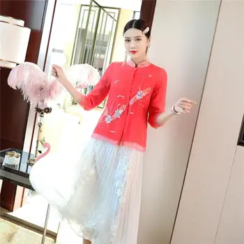 Nemokamas pristatymas vasarą originalaus dizaino Han stiliaus Kinijos Išsiuvinėti atkarpoje cheongsam stiliaus striukė outwear moterims