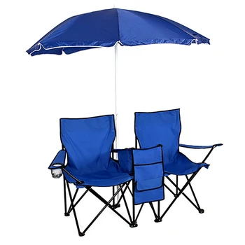 Nešiojamų Lauko 2-Sėdynės Sulankstomos Kėdės su Nuimamu Saulės Paplūdimio Skėtis