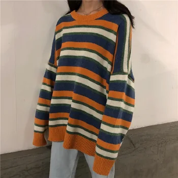 O-kaklo atsitiktinis didelio dydžio įdomus dryžuotas žiemos džemperis moterims kolegijos pora prarasti Harajuku viršūnes megzti elegantiškas megztinis