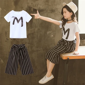 Paauglių Vaikų Mergaičių Laišką China marškinėliai trumpomis Rankovėmis Viršūnes Juostele Kelnes Komplektus Nustatyti Laiško Spausdinimo Viršūnes + Juostelė Apačioje 2VNT Z8$