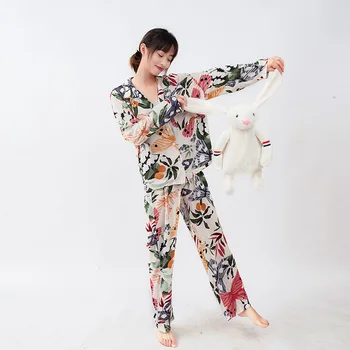 Pižama Moterims Rudens Žiemos 2020 Naujas Drugelių ir Gėlių Spausdinti Temperamentas Namų Drabužių Megztinis ilgomis rankovėmis Kelnės Pižama Komplektas