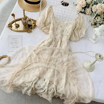 Prancūzijos 2019 naujų elegancija mados moterų suknelės senovinių nėrinių aukšto juosmens lieknėjimo gėlių suknelė