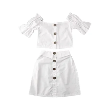 Princesė Vaikams Baby Girl Vasaros balta apranga Off-Pečių mygtuką apkarpyti top Vest Viršūnes Bowknot Šortai, Sijonas Mergaitėms Šalies Drabužių Rinkinys