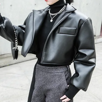 PU Odos Paltai Moterims ilgomis Rankovėmis Mados Streetwear Striukė 2020 M. Rudens-Žiemos Drabužių Vintage Black Punk Trumpos Liemenės, Paltai