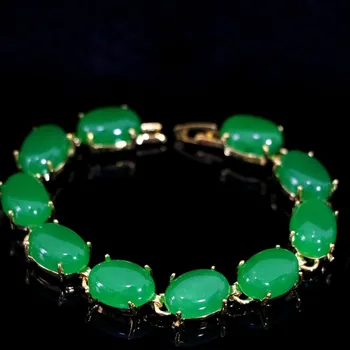 Pusbrangiai ovalo formos žalios vienas chalcedony akmens aukso spalvos grandinės apyrankė vestuvės, jubiliejus, dovana, papuošalai 7.5