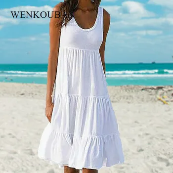 Rankovių Paplūdimio Suknelė Moterims Vientisos Spalvos O-Kaklo Vasaros Šalis Suknelė Ponios Prarasti Boho Suknelė Moterų Atsitiktinis Skraiste Femme 2020 M.