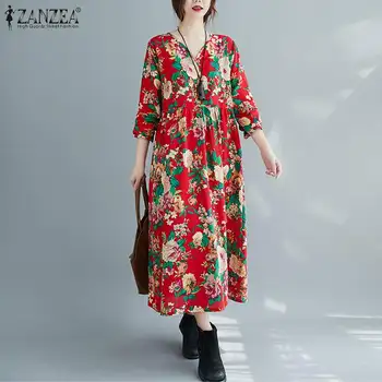 Retro Pavasario Printed Dress Moterų Gėlių Sundress 2021 ZANZEA Atsitiktinis ilgomis Rankovėmis Maxi Vestidos Moterų V-Kaklo Drabužius, Plius Dydis