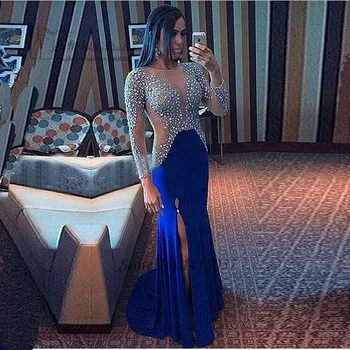 Seksualus Royal Blue Undinė vakarinę Suknelę Chalatai Kristalų ilgomis Rankovėmis Prom Dresses 2016 Abiti da Cerimonia da Sera Chalatas de Soiree