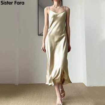 Sesuo Fara Vasarą V-Kaklo Suknelės Moterims 2021 Elegantiškas-LINE Satino Suknelė Moteris Rankovių Seksualus Spageti Dirželis Suknelė Atsitiktinis