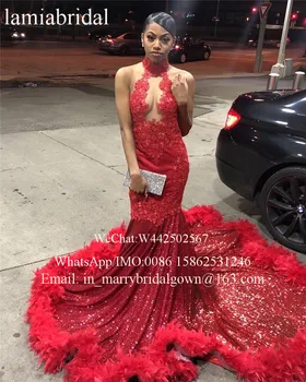 Sexy Raudona Plunksna Undinė Prom Dresses 2K19 Plius Dydis Derliaus Nėriniais, Blizgučiais Nėrinių 2019 Afrikos Arabicvestidos de fiesta de noche