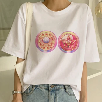 Showtly Sailor Moon Cry Baby Moteris, T Shirt, derliaus Estetinės Trumpas Rankovės Juokinga Kawaii Balta O Kaklo Atsitiktinis Negabaritinių Tee Viršūnės