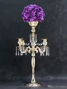 Sidabro Aukštis 76cm aukso, 5 Vadovai Kristalų Šviestuvai, Žvakių Laikiklis, vestuvių Puošmena, gėlių dubenį Žvakių laikiklis su pakabučiai