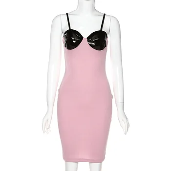 Spalvingas Black PU & Pink Kratinys Slim Paketo Klubo Vestidos 2020 Metų Vasaros Karštos Moterys Spageti Dirželis Rankovių Mini Suknelė