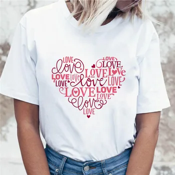 Spalvingas Meile Širdyje Spausdinti Marškinėliai Moterims Trumpomis Rankovėmis O Kaklo Laisvus Marškinėlius Vasarą Moterys, Marškinėliai, Topai Camisetas Mujer