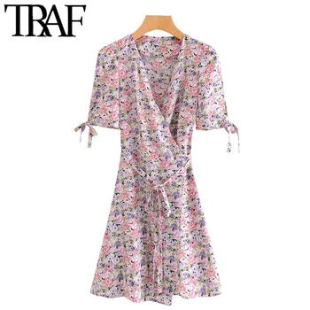 TRAFWomen Elegantiškos Mados Su Diržo Gėlių Spausdinti Wrap Mini Suknelė Vintage V Kaklo Pririšo Trumpas Rankovės Moterų Suknelės, Vestidos