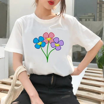 Ullzang Derliaus 90s marškinėlius Gėlių spausdinti marškinėliai Naujas Mados Viršuje, Trišakiai Moterų Tumblr Drabužių korėjos grafinis viršūnes tees