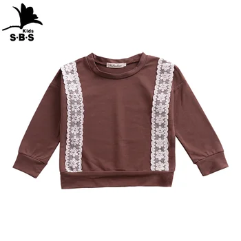 Vaikiški marškinėliai Medvilnės ilgomis rankovėmis Gryna Spalva Mergina Viršūnes su Nėriniais Apačioje ir Rudenį, ir Žiemą Outwear T-shirt Aukštos Kokybės