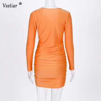 Vsstiar Žiemos Moterys Ruched Dress Orange Sexy V Kaklo Bodycon Šalis Suknelė Rudenį Ilgomis Rankovėmis Mini Suknelė Vestidos Moteris