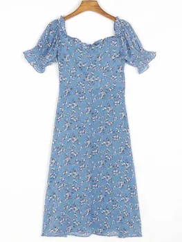 Yinlinhe Off Peties Vasaros Suknelė trumpomis Rankovėmis Spausdinti Mėlyna Ilgą Šifono Suknelė Moterims prancūzijos Nišą Stiliaus Padalinta Šalis Suknelės 2005