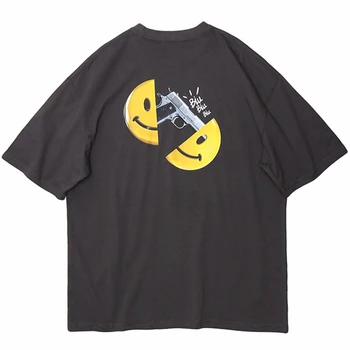 Šypsena Veide Pistoletas Pistoletas Spausdinti Tshirts Streetwear Vyrų Hip-Hop Harajuku Atsitiktinis Marškinėliai Topai 