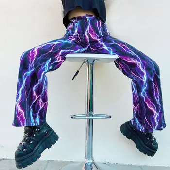 Žaibo Išspausdinti Kelnės Visas Ilgis Violetinės Kelnės Aukštu Juosmeniu Užtrauktukas Krovinių Kelnės Gyvūnų Moterys Šalis Komplektus Clubwear