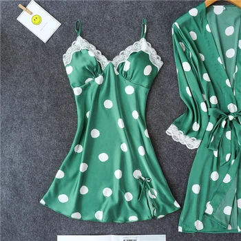 Žalia pižama keturių dalių moterų pavasario vasaros seksualus kostiumėlis su krūtinės mygtukai dirželiai nightdress ledo šilko skraiste nustatyti plonas pižama пижама