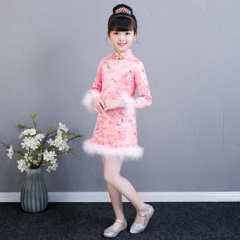 Žiemos Qipao Suknelė Mergaitėms Satino Cheongsam Princesė Suknelė Vestuves Vaikai Storas Dygsniuotas Gimtadienio Suknelės Naujųjų Metų